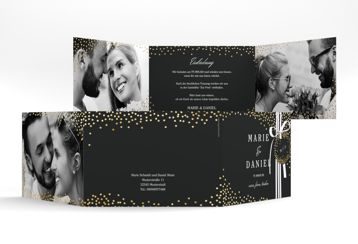 Hochzeitseinladung Glitter A6 Doppel-Klappkarte schwarz gold