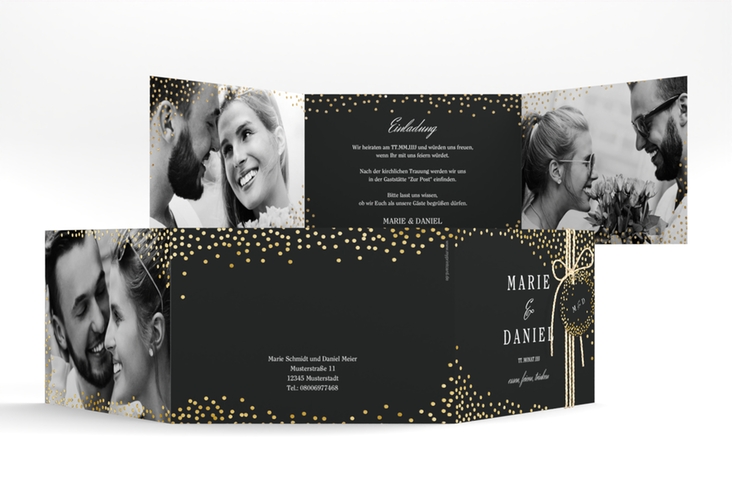 Hochzeitseinladung Glitter A6 Doppel-Klappkarte schwarz gold