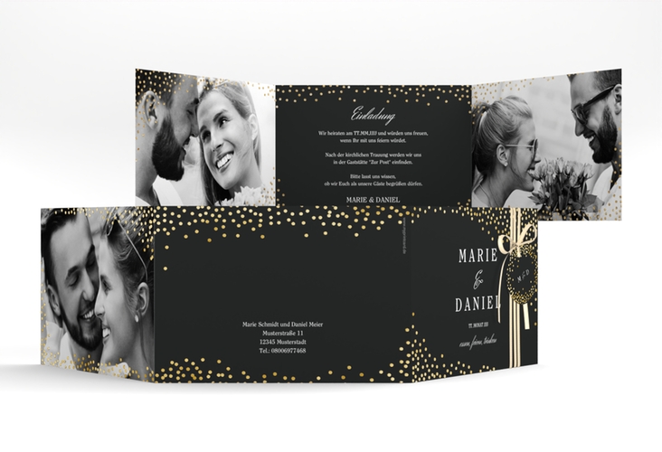 Hochzeitseinladung Glitter A6 Doppel-Klappkarte schwarz gold