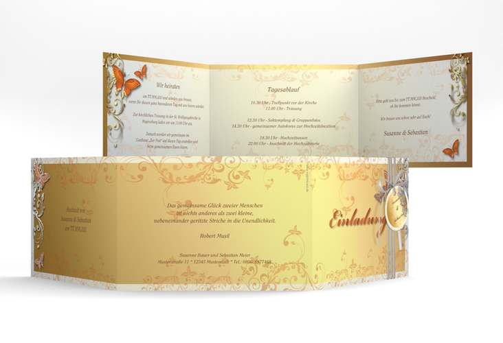 Hochzeitseinladung Toulouse A6 Doppel-Klappkarte orange silber