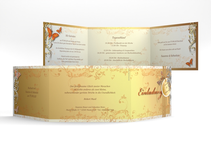 Hochzeitseinladung Toulouse A6 Doppel-Klappkarte orange silber