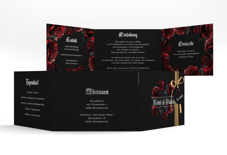 Hochzeitseinladung Gothic Rose A6 Doppel-Klappkarte schwarz silber