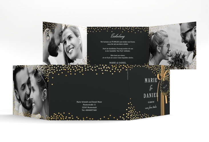 Hochzeitseinladung Glitter A6 Doppel-Klappkarte schwarz gold