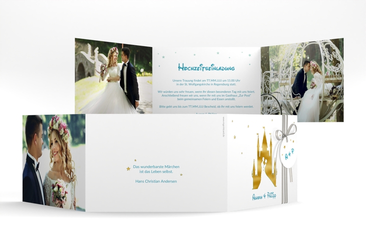 Hochzeitseinladung Castle A6 Doppel-Klappkarte tuerkis gold