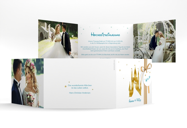 Hochzeitseinladung Castle A6 Doppel-Klappkarte tuerkis gold