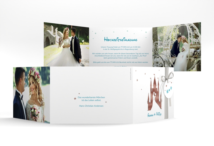 Hochzeitseinladung Castle A6 Doppel-Klappkarte tuerkis rosegold