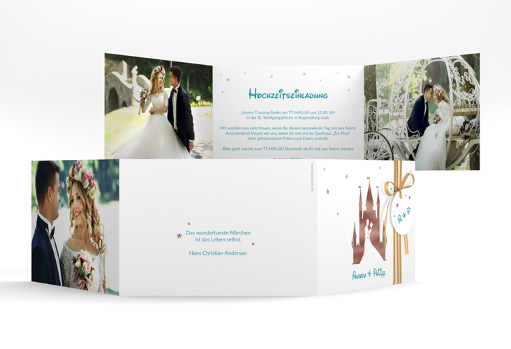 Hochzeitseinladung Castle A6 Doppel-Klappkarte tuerkis rosegold