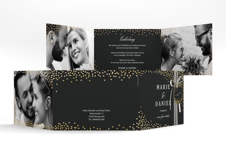 Hochzeitseinladung Glitter A6 Doppel-Klappkarte schwarz gold