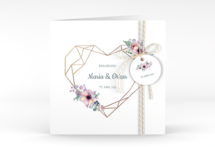 Hochzeitseinladung Herzgold quadr. Klappkarte rosegold