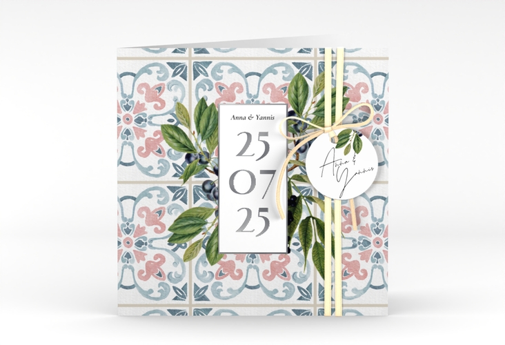 Hochzeitseinladung Mediterraner Flair quadr. Klappkarte silber mit Auzlejo-Fliesenmuster und Lorbeer