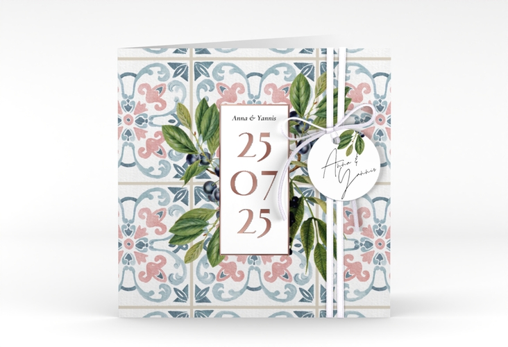 Hochzeitseinladung Mediterraner Flair quadr. Klappkarte rosegold mit Auzlejo-Fliesenmuster und Lorbeer