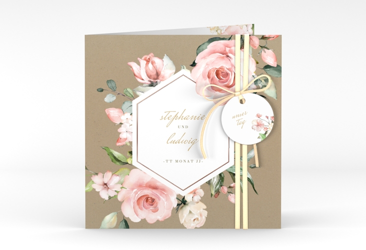 Hochzeitseinladung Graceful quadr. Klappkarte rosegold mit Rosenblüten in Rosa und Weiß