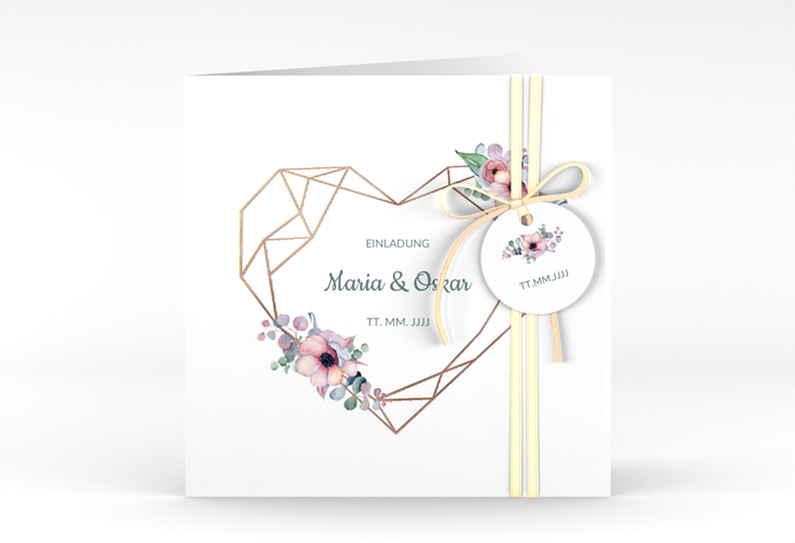 Hochzeitseinladung Herzgold quadr. Klappkarte rosegold