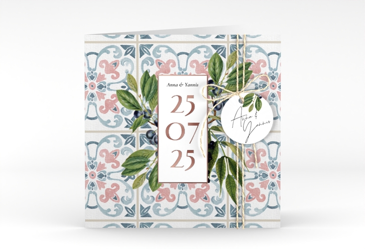 Hochzeitseinladung Mediterraner Flair quadr. Klappkarte rosegold mit Auzlejo-Fliesenmuster und Lorbeer