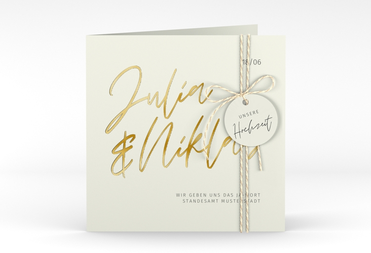 Hochzeitseinladung Einfachheit quadr. Klappkarte gold mit modernem Schriftzug