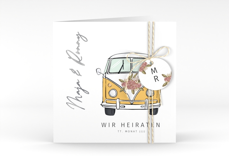 Hochzeitseinladung Hochzeitsbulli quadr. Klappkarte silber