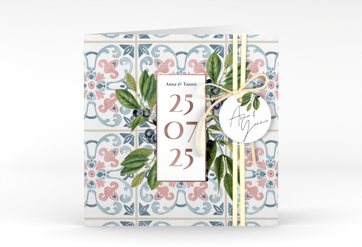 Hochzeitseinladung Mediterraner Flair quadr. Klappkarte rosegold mit Auzlejo-Fliesenmuster und Lorbeer