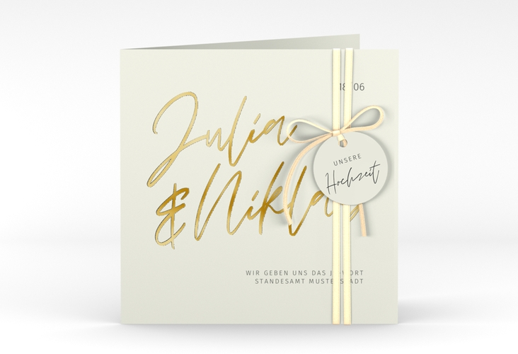 Hochzeitseinladung Einfachheit quadr. Klappkarte gold mit modernem Schriftzug