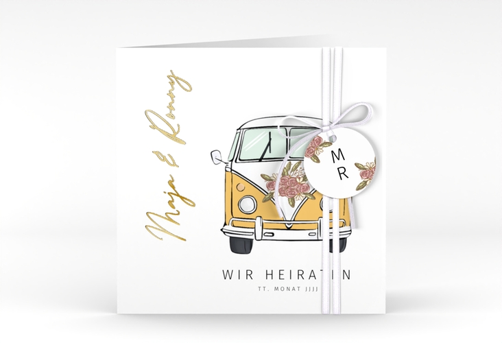 Hochzeitseinladung Hochzeitsbulli quadr. Klappkarte gold