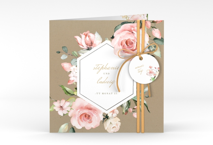 Hochzeitseinladung Graceful quadr. Klappkarte silber mit Rosenblüten in Rosa und Weiß