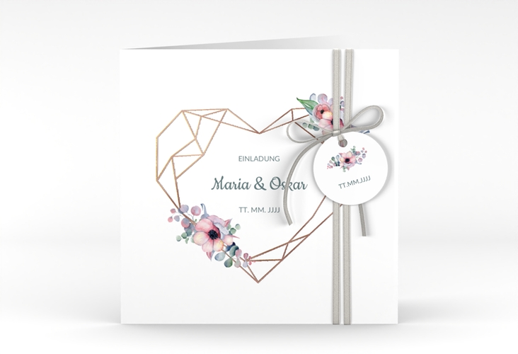 Hochzeitseinladung Herzgold quadr. Klappkarte rosegold