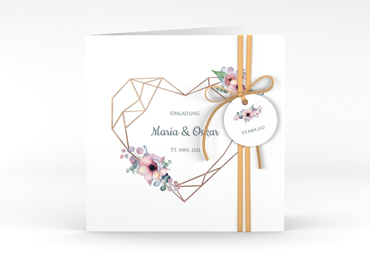 Hochzeitseinladung Herzgold quadr. Klappkarte rosegold
