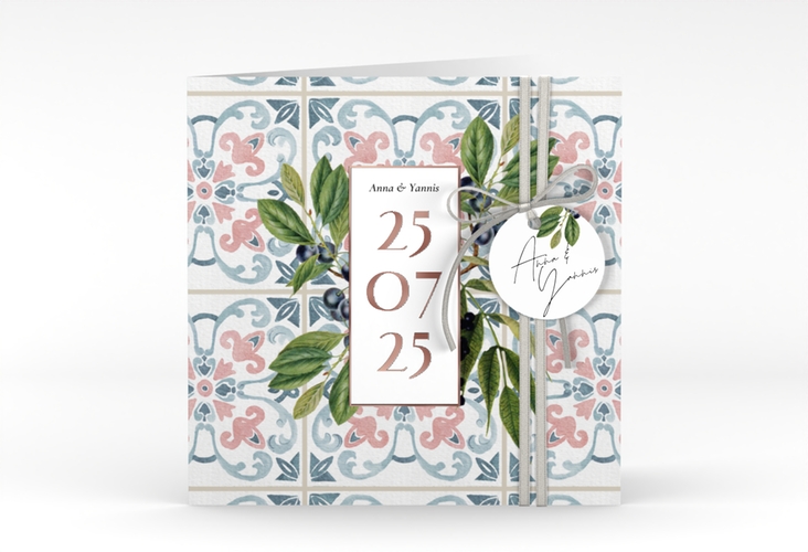 Hochzeitseinladung Mediterraner Flair quadr. Klappkarte rosegold mit Auzlejo-Fliesenmuster und Lorbeer