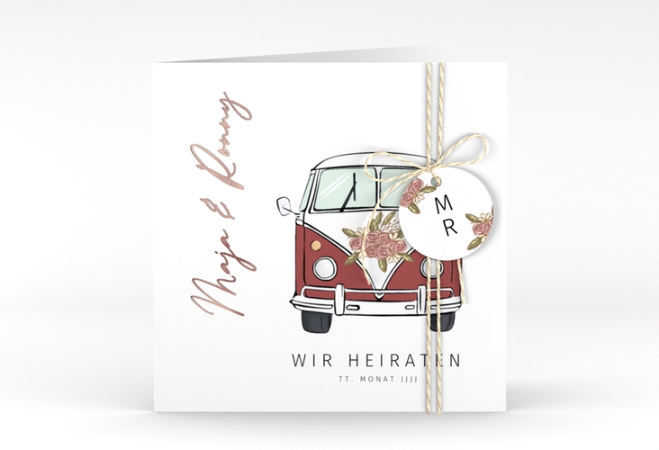 Hochzeitseinladung Hochzeitsbulli quadr. Klappkarte rot rosegold