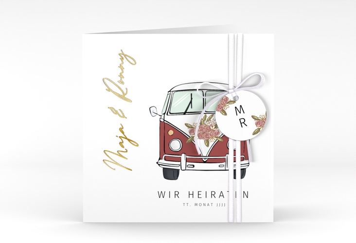 Hochzeitseinladung Hochzeitsbulli quadr. Klappkarte rot gold