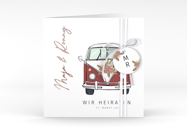 Hochzeitseinladung Hochzeitsbulli quadr. Klappkarte rot rosegold