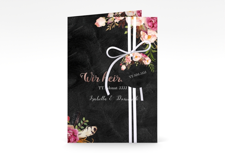 Einladungskarte Hochzeit Flowers A6 Klappkarte hoch rosegold mit bunten Aquarell-Blumen