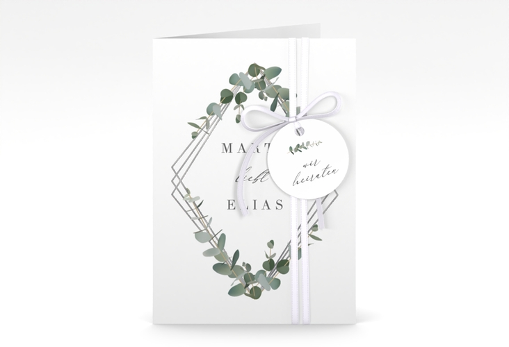 Einladungskarte Hochzeit Eukalyptus A6 Klappkarte hoch silber