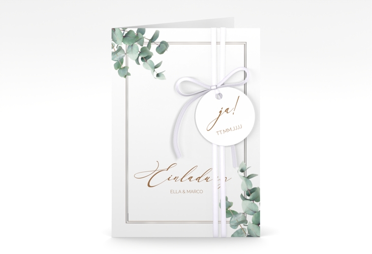 Einladungskarte Hochzeit Eucalypt A6 Klappkarte hoch silber mit Eukalyptus und edlem Rahmen