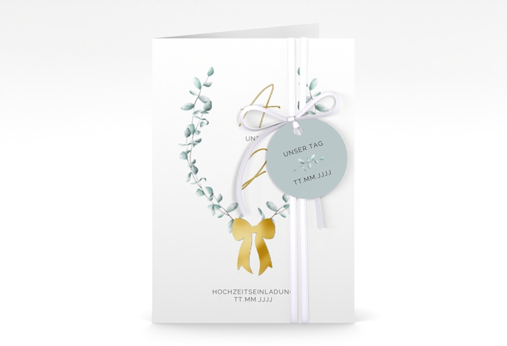 Einladungskarte Hochzeit Eucalypt Bow A6 Klappkarte hoch gold
