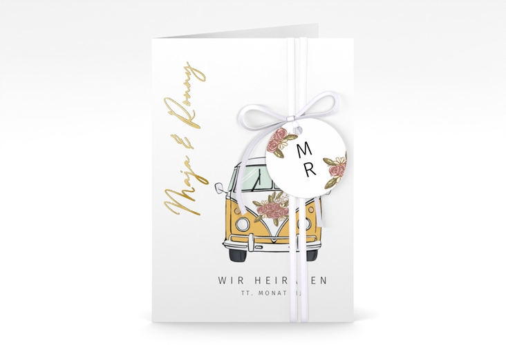 Einladungskarte Hochzeit Hochzeitsbulli A6 Klappkarte hoch gold mit Gräsern und Trockenblumen für Boho-Hochzeit