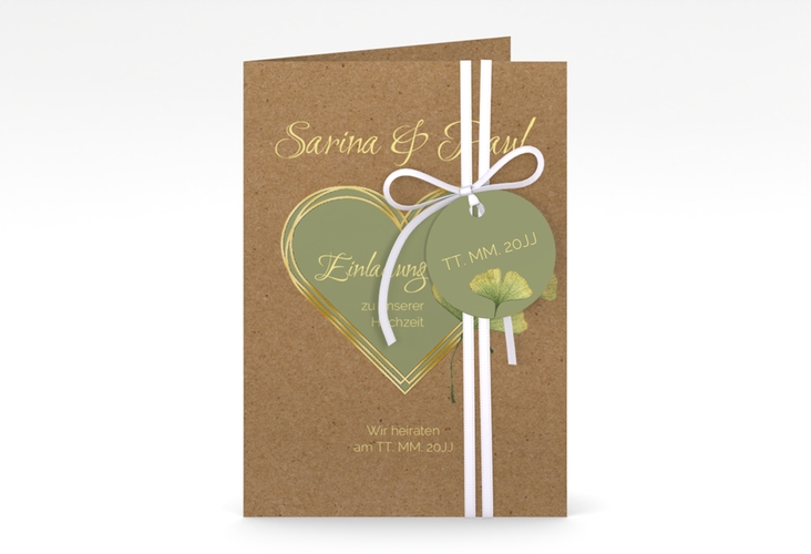Einladungskarte Hochzeit Ginko A6 Klappkarte hoch gold mit Herz und zwei Ginkgo-Blättern