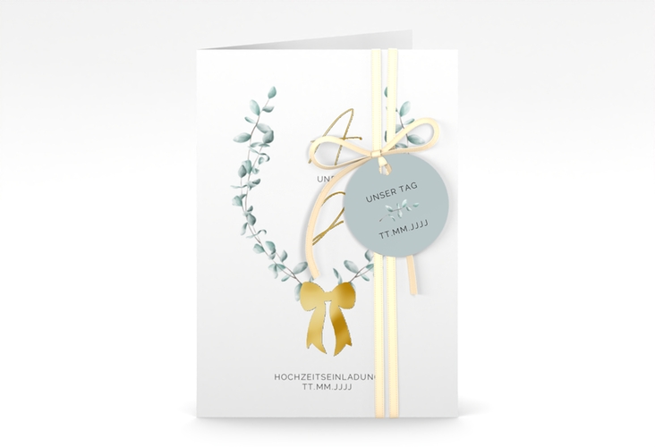 Einladungskarte Hochzeit Eucalypt Bow A6 Klappkarte hoch gold