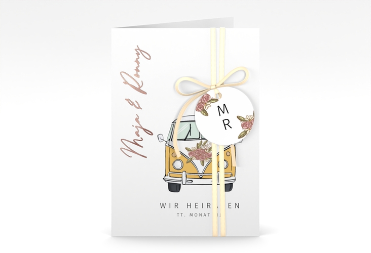 Einladungskarte Hochzeit Hochzeitsbulli A6 Klappkarte hoch rosegold mit Gräsern und Trockenblumen für Boho-Hochzeit