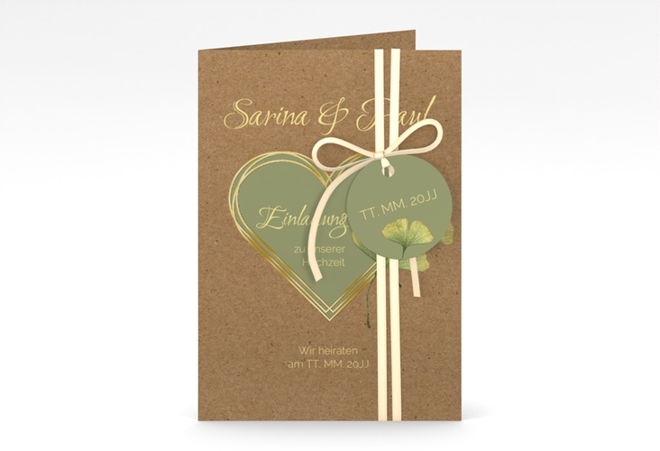 Einladungskarte Hochzeit Ginko A6 Klappkarte hoch gold mit Herz und zwei Ginkgo-Blättern
