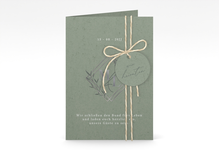 Hochzeitseinladung Greenletter A6 Klappkarte hoch silber mit Initialen in elegantem Goldrahmen mit Blättern