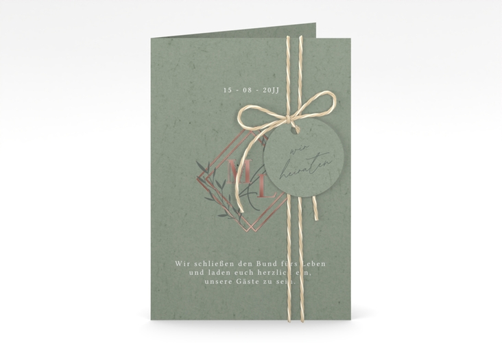 Hochzeitseinladung Greenletter A6 Klappkarte hoch rosegold mit Initialen in elegantem Goldrahmen mit Blättern