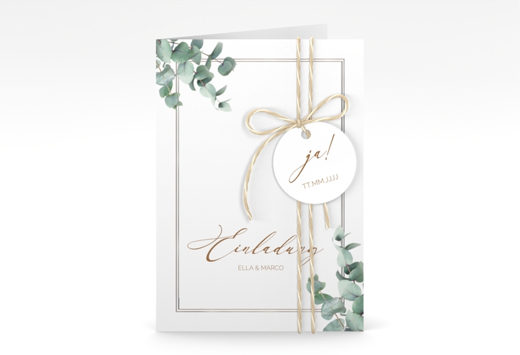 Einladungskarte Hochzeit Eucalypt A6 Klappkarte hoch silber mit Eukalyptus und edlem Rahmen