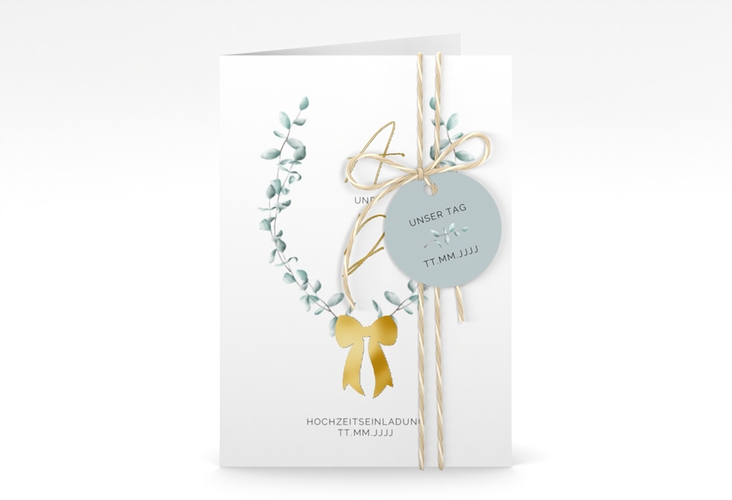 Einladungskarte Hochzeit Eucalypt Bow A6 Klappkarte hoch gold