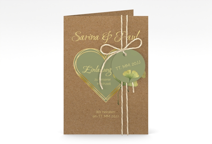 Einladungskarte Hochzeit Ginko A6 Klappkarte hoch gold mit Herz und zwei Ginkgo-Blättern