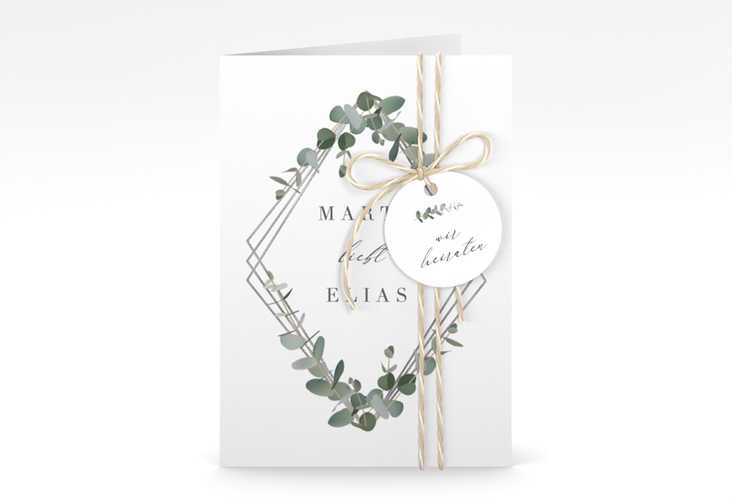 Einladungskarte Hochzeit Eukalyptus A6 Klappkarte hoch silber