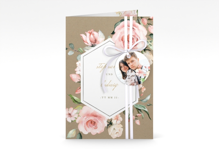 Einladungskarte Hochzeit Graceful A6 Klappkarte hoch silber mit Rosenblüten in Rosa und Weiß