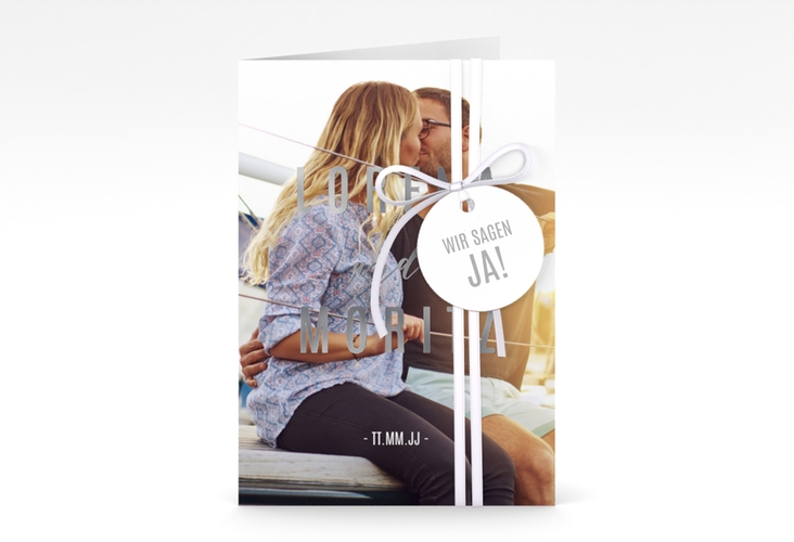Einladungskarte Hochzeit Memory A6 Klappkarte hoch silber
