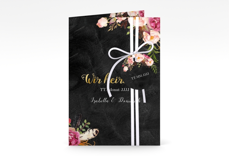 Einladungskarte Hochzeit Flowers A6 Klappkarte hoch gold mit bunten Aquarell-Blumen