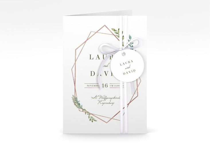 Einladungskarte Hochzeit Herbarium A6 Klappkarte hoch rosegold mit geometrischem Rahmen und Blätter-Dekor