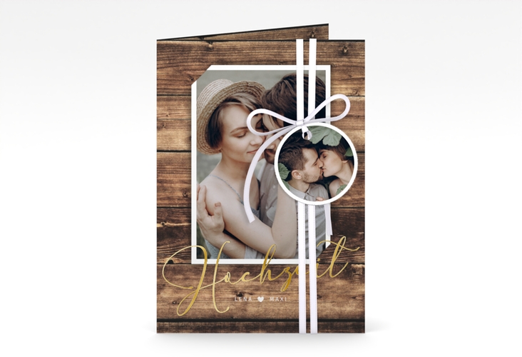 Einladungskarte Hochzeit Rustic A6 Klappkarte hoch gold